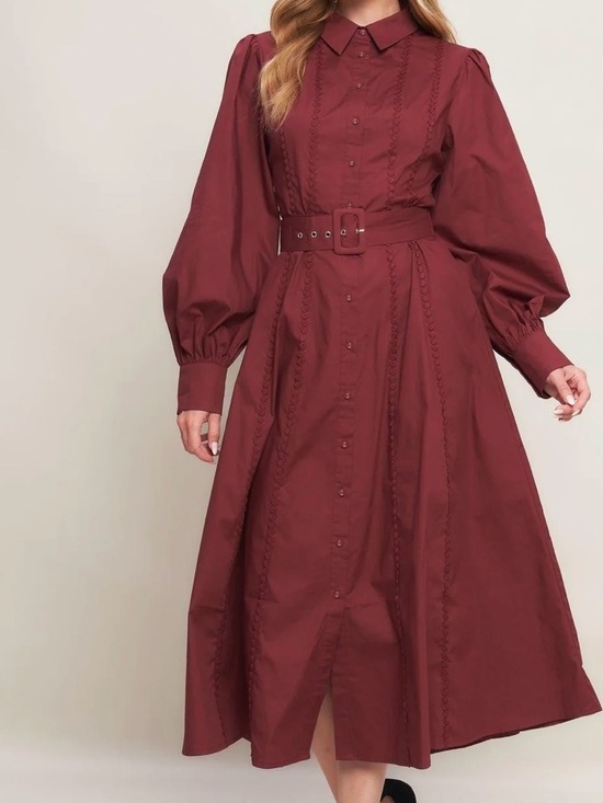 Flying Tomato Dresses & Skirts - Flying Tomato Burgundy Button-Front Belted Midi Dress